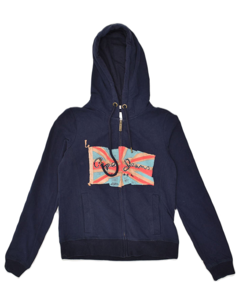 PEPE JEANS Womens Graphic Zip Hoodie Sweater UIK 8 Small Navy Blue Cotton | Vintage PEPE Jeans | Thrift | Second-Hand PEPE Jeans | Used Clothing | Messina Hembry 