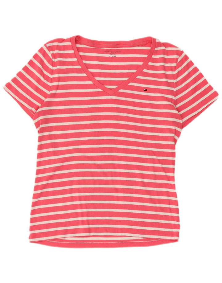 TOMMY HILFIGER Womens T-Shirt Top UK 18 XL Pink Striped Cotton