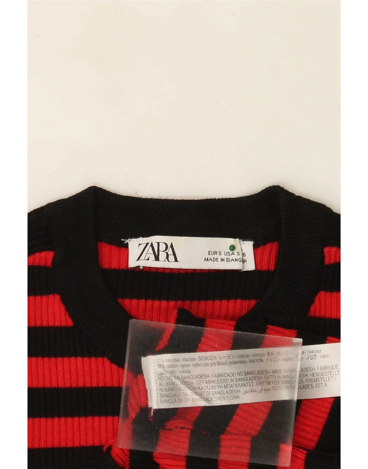 Zara Womens Crop Top Long Sleeve UK 8 Small Red Striped Viscose