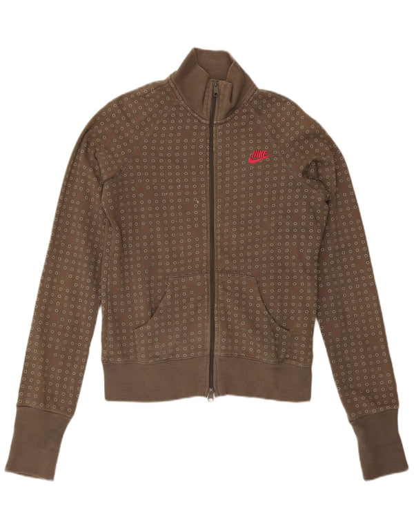 NIKE Womens Tracksuit Top Jacket UK 14 Large Khaki Spotted Cotton