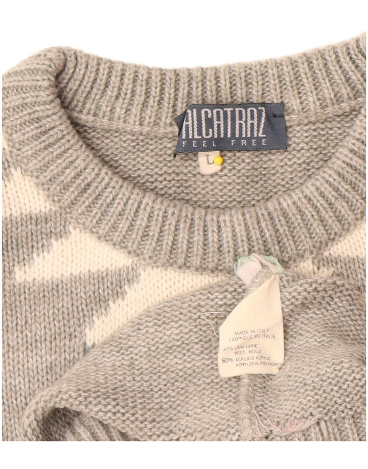 Alcatraz Mens Crew Neck Jumper Sweater Large Grey Geometric Wool