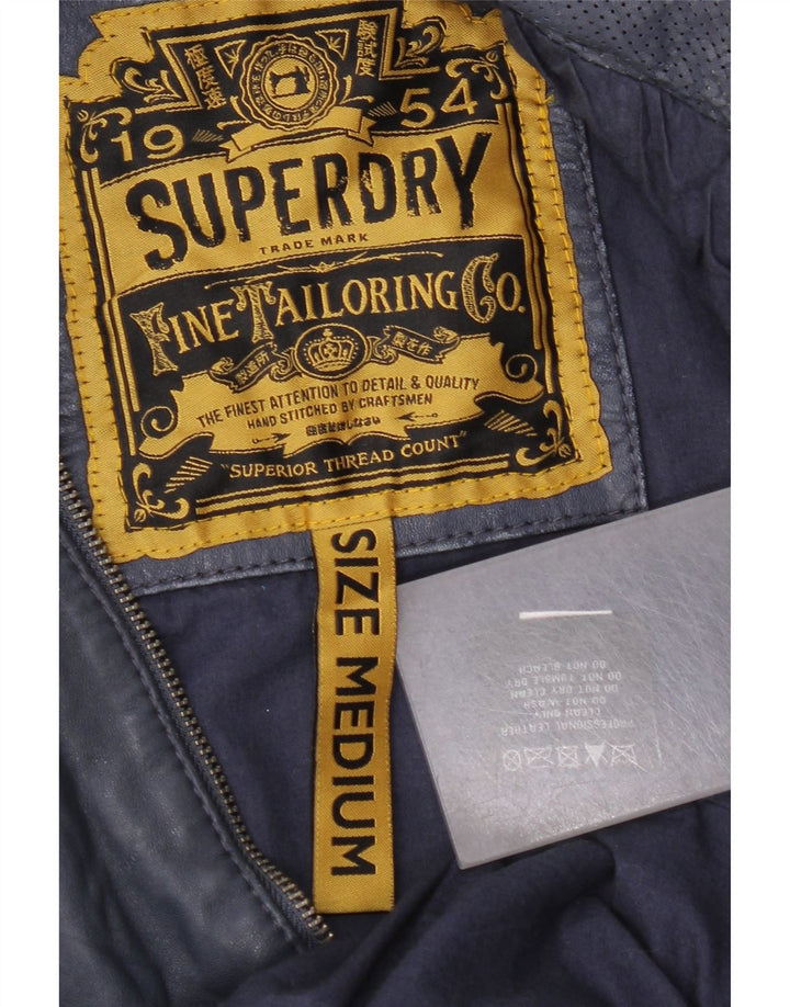 Superdry Womens Hooded Leather Jacket UK 14 Medium Navy Blue Leather