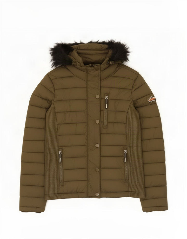 Superdry Womens Hooded Padded Jacket UK 14 Medium Khaki Nylon