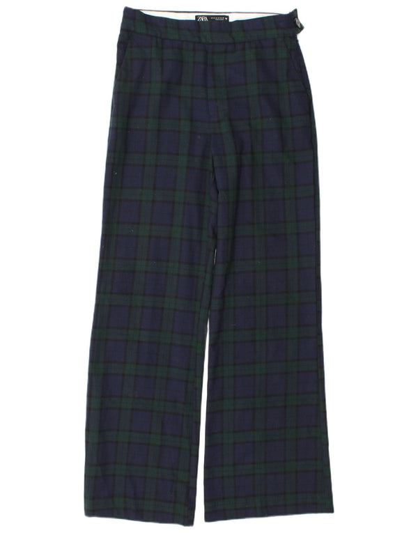 Zara Womens Wide Leg Chino Trousers XS W24 L30 Navy Blue Plaid Polyester