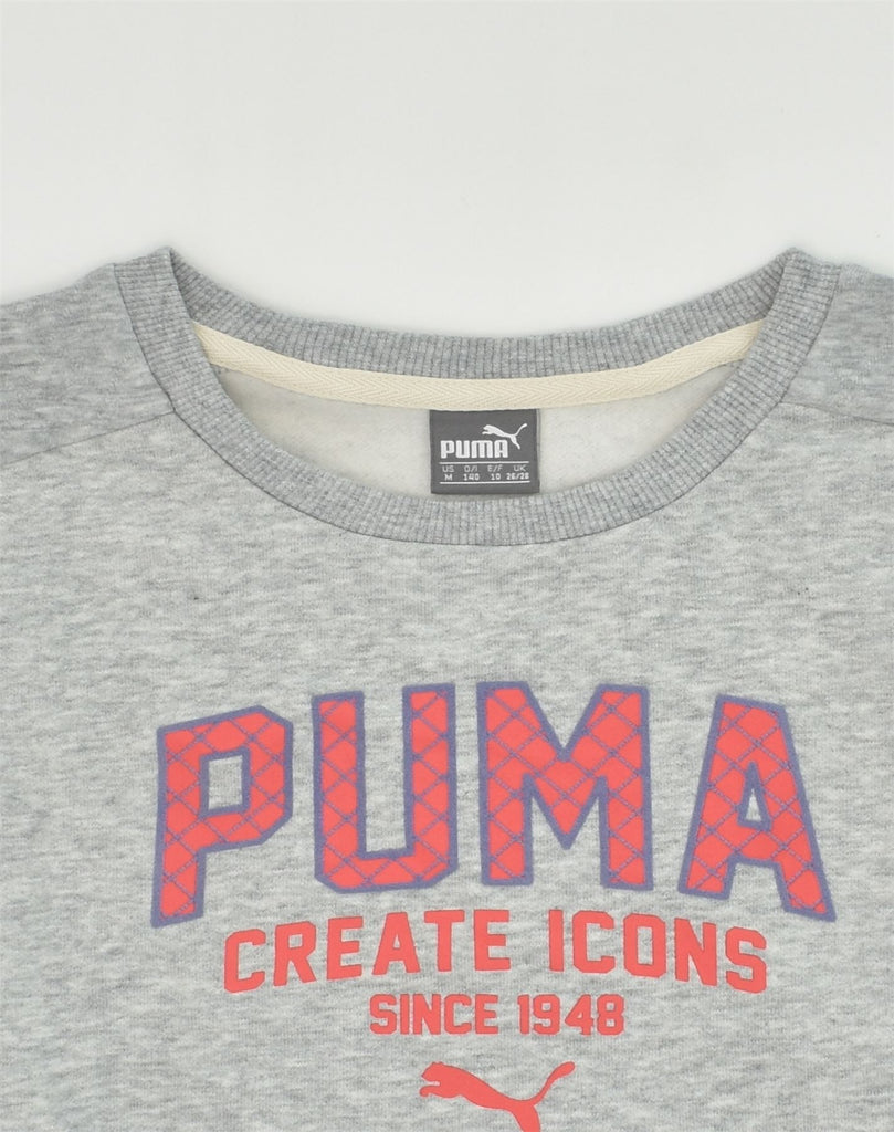 PUMA Girls Graphic Sweatshirt Jumper 9-10 Years Grey Cotton | Vintage Puma | Thrift | Second-Hand Puma | Used Clothing | Messina Hembry 