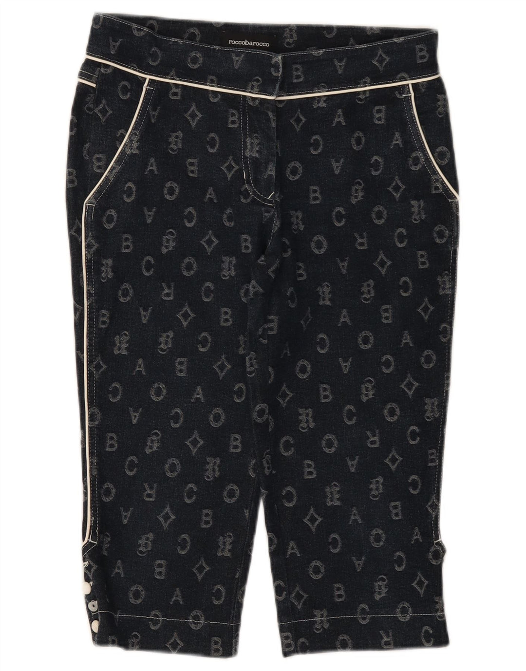 Roccobarocco Womens Capri Trousers IT 42 Medium W28 L17 Navy Blue Geometric