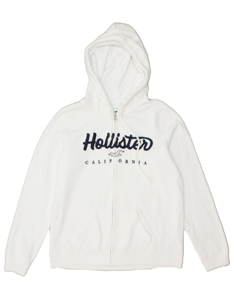 HOLLISTER Womens Graphic Zip Hoodie Sweater UK 14 Medium White Cotton | Vintage Hollister | Thrift | Second-Hand Hollister | Used Clothing | Messina Hembry 