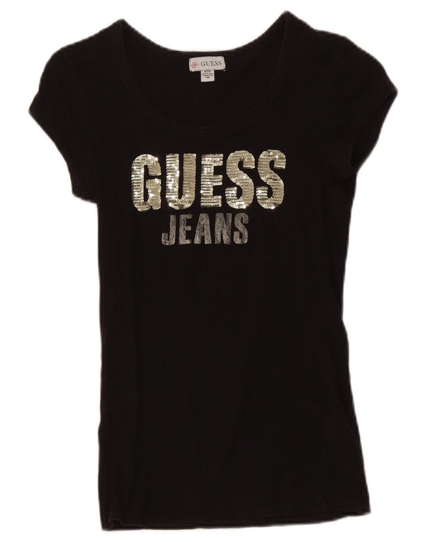 Guess Womens Graphic T-Shirt Top UK 4 XS Black Cotton