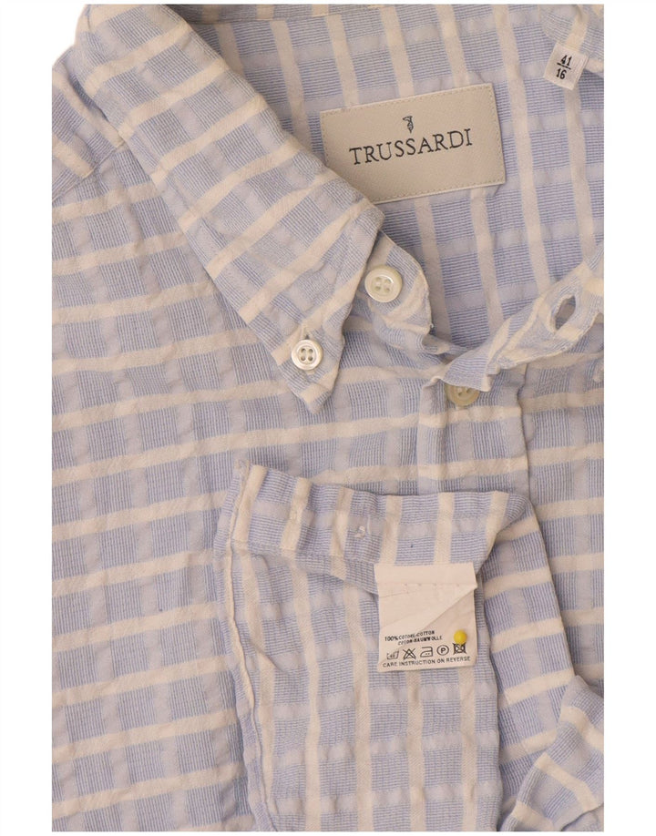 Trussardi Mens Shirt Size 41 16 Large Blue Check Cotton