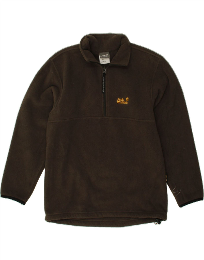 JACK WOLFSKIN Boys Graphic Zip Neck Fleece Jumper 13-14 Years Brown Vintage Jack Wolfskin and Second-Hand Jack Wolfskin from Messina Hembry 