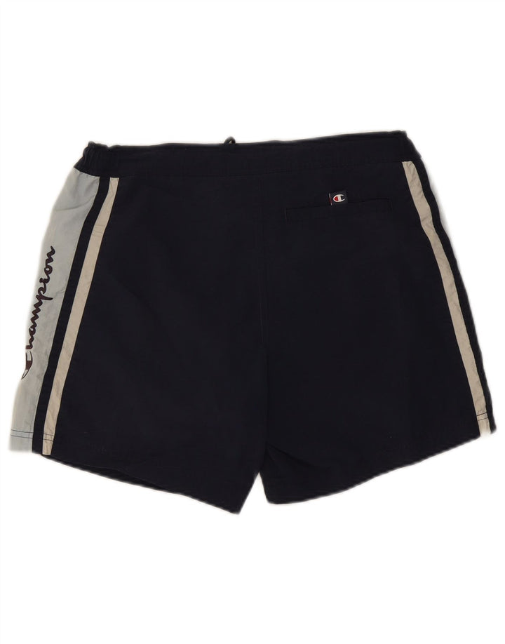 CHAMPION Mens Graphic Sport Shorts Small Navy Blue Colourblock Polyester