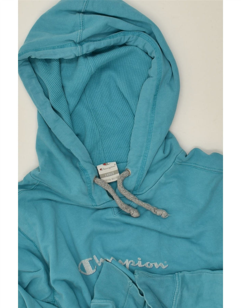 CHAMPION Womens Graphic Hoodie Jumper UK 16 Large Blue Cotton | Vintage Champion | Thrift | Second-Hand Champion | Used Clothing | Messina Hembry 