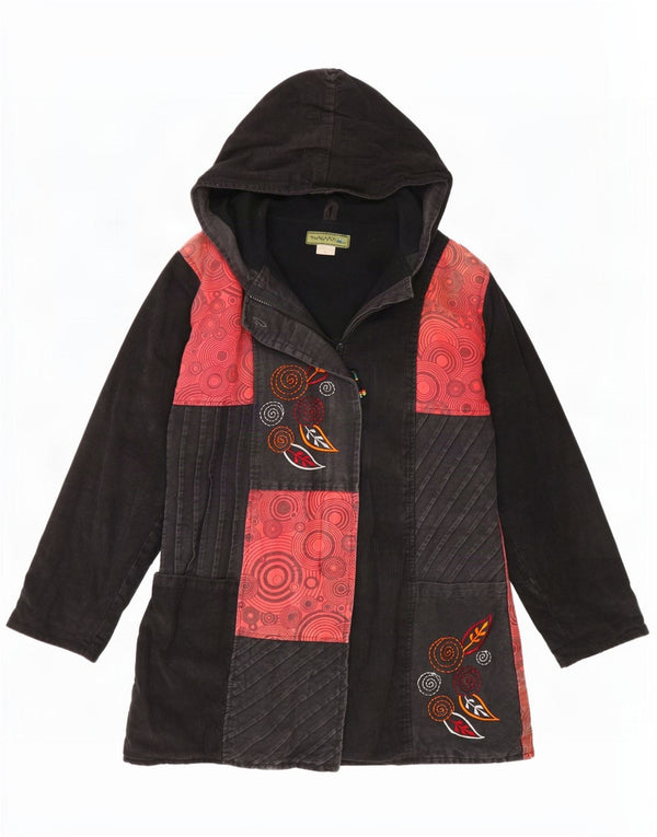Vintage Womens Hooded Windbreaker Coat UK 16 Large Black Patchwork Cotton