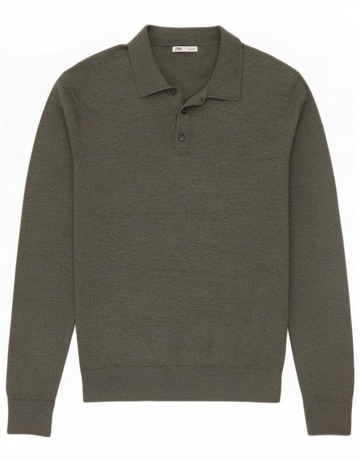 Zara Mens Polo Neck Jumper Sweater Medium Khaki