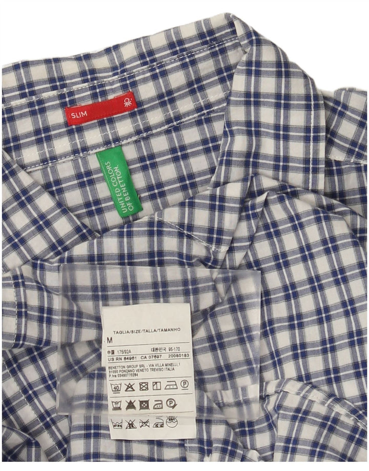 Benetton Mens Slim Shirt Medium Blue Check Cotton