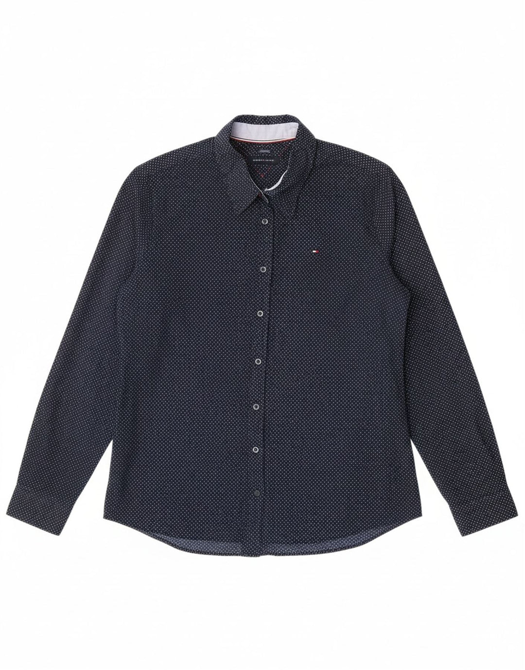 TOMMY HILFIGER Womens Classic Fit Shirt Small Navy Blue Polka Dot Classic