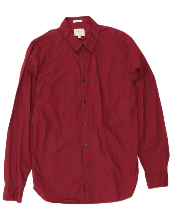 PEPE Jeans Mens Slim Shirt Large Burgundy Floral Cotton