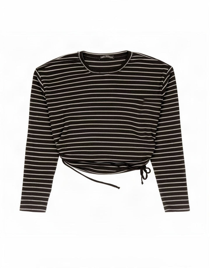 Zara Womens Crop Top Long Sleeve UK 14 Medium Black Striped Polyester