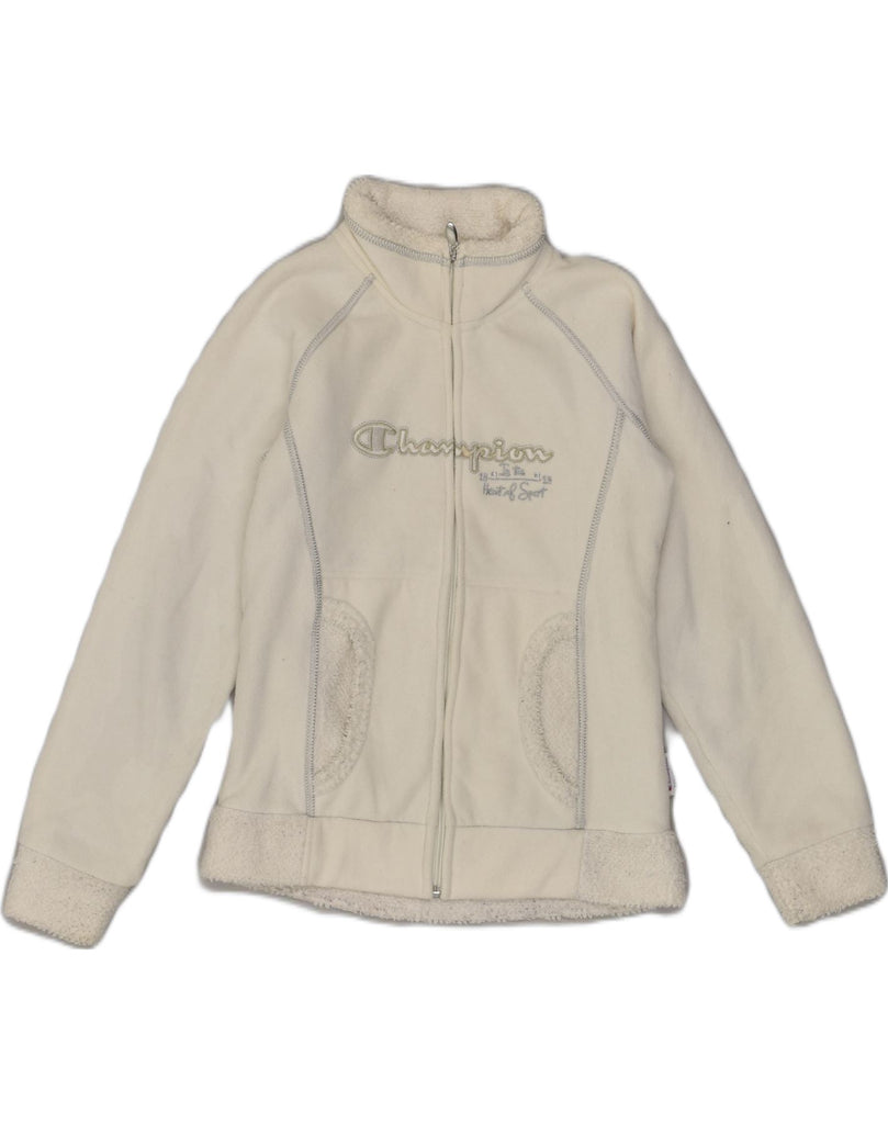 CHAMPION Girls Graphic Fleece Jacket 11-12 Years Large  Off White | Vintage Champion | Thrift | Second-Hand Champion | Used Clothing | Messina Hembry 