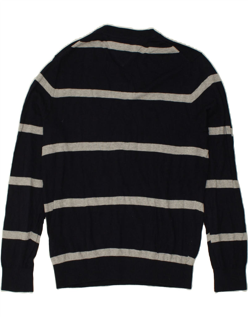 TOMMY HILFIGER Mens V-Neck Jumper Sweater Medium Navy Blue Striped Cotton | Vintage Tommy Hilfiger | Thrift | Second-Hand Tommy Hilfiger | Used Clothing | Messina Hembry 