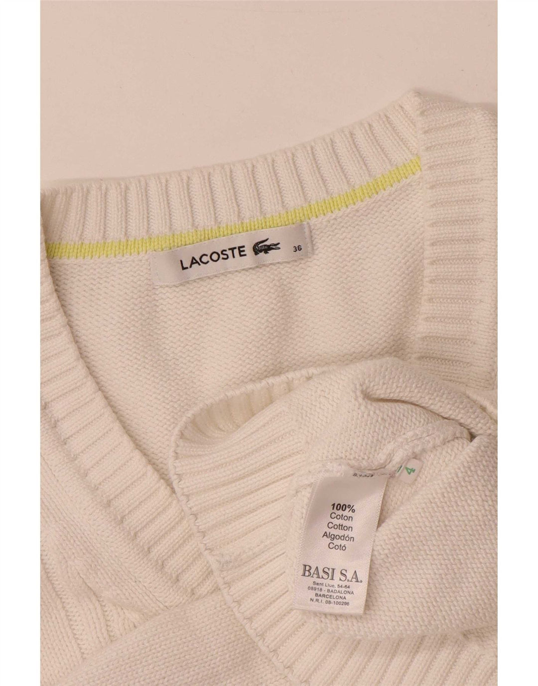Lacoste Womens V-Neck Jumper Sweater Size 36 Small White Cotton