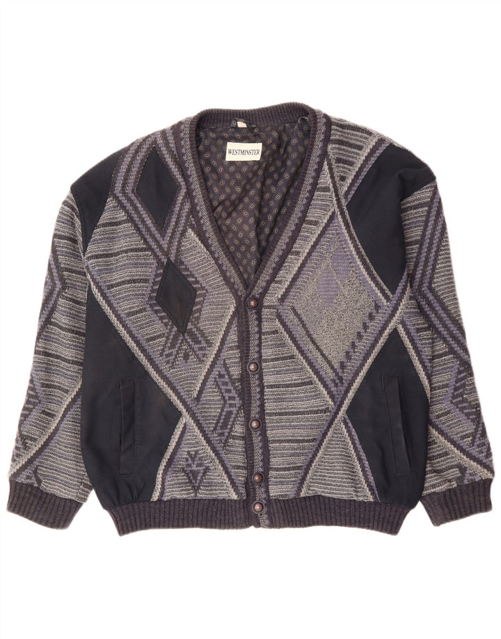 VINTAGE Mens Cardigan Sweater XL Grey Geometric Acrylic