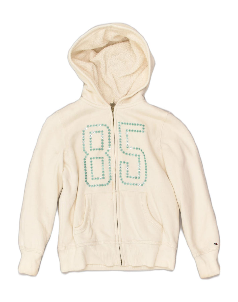 TOMMY HILFIGER Girls Graphic Zip Hoodie Sweater 8-9 Years Medium Off White | Vintage Tommy Hilfiger | Thrift | Second-Hand Tommy Hilfiger | Used Clothing | Messina Hembry 