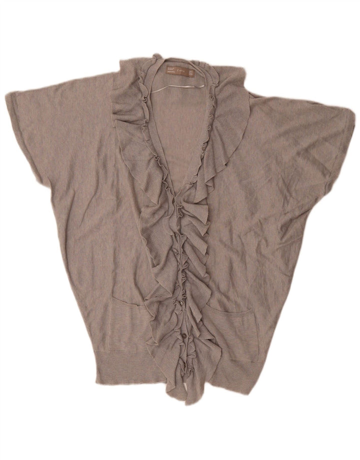 Zara Womens Oversized Ruffle Front Cardigan Top UK 14 Medium Grey