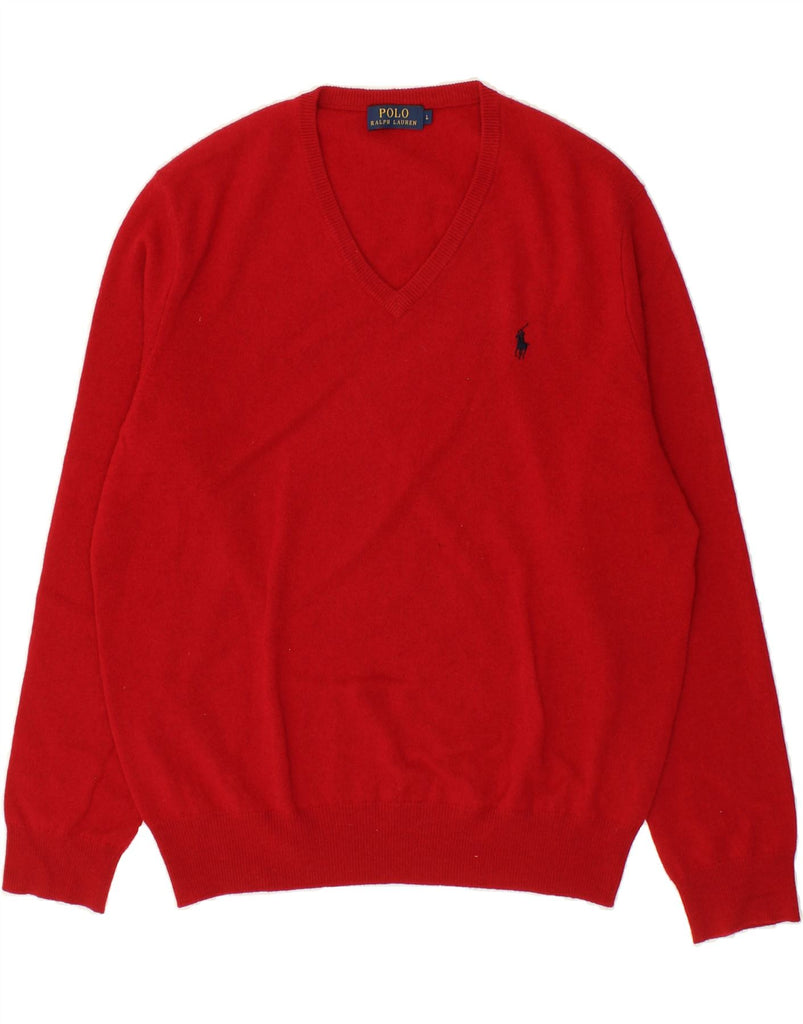 POLO RALPH LAUREN Mens V-Neck Jumper Sweater Large Red Merino Wool | Vintage Polo Ralph Lauren | Thrift | Second-Hand Polo Ralph Lauren | Used Clothing | Messina Hembry 