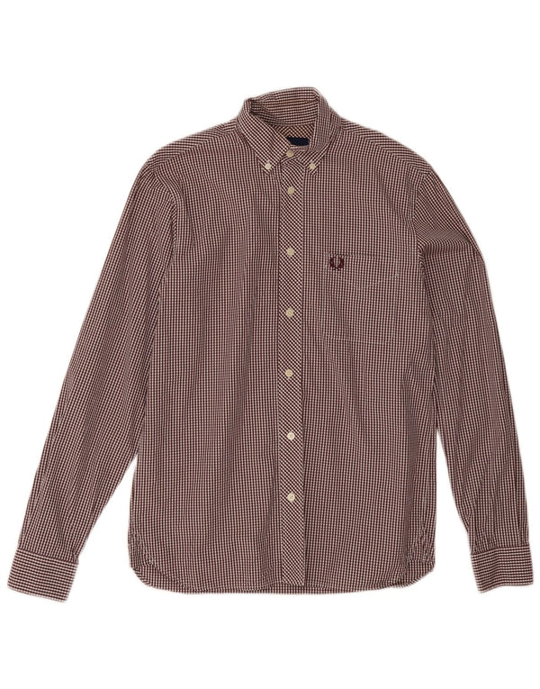 Fred Perry Mens Shirt Small Burgundy Gingham Cotton