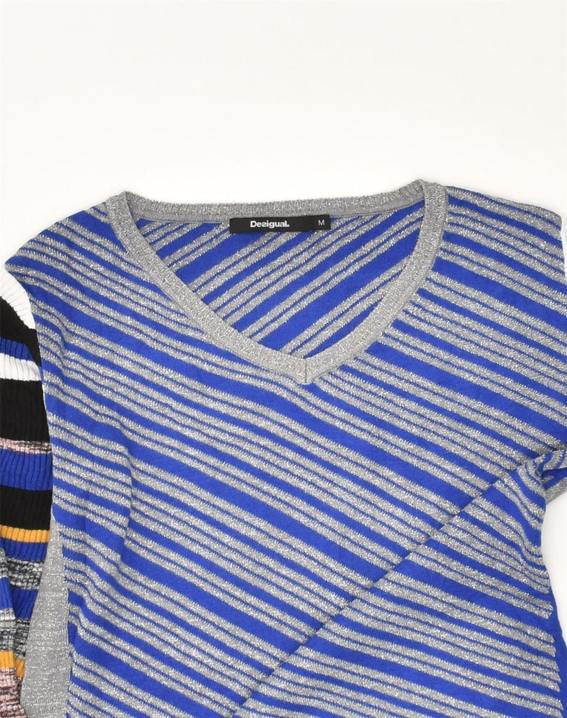 DESIGUAL Womens Slim Fit V-Neck Jumper Sweater UK 12 Medium Blue Striped | Vintage Desigual | Thrift | Second-Hand Desigual | Used Clothing | Messina Hembry 