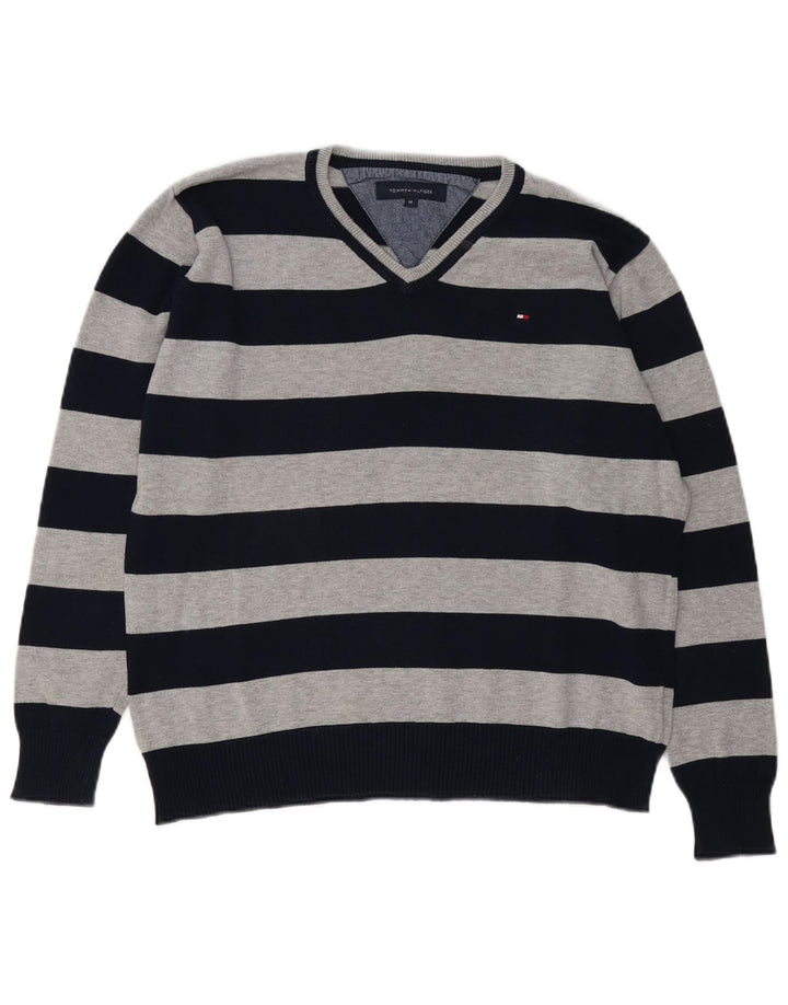 Tommy Hilfiger Mens V-Neck Jumper Sweater Medium Navy Blue Striped Cotton