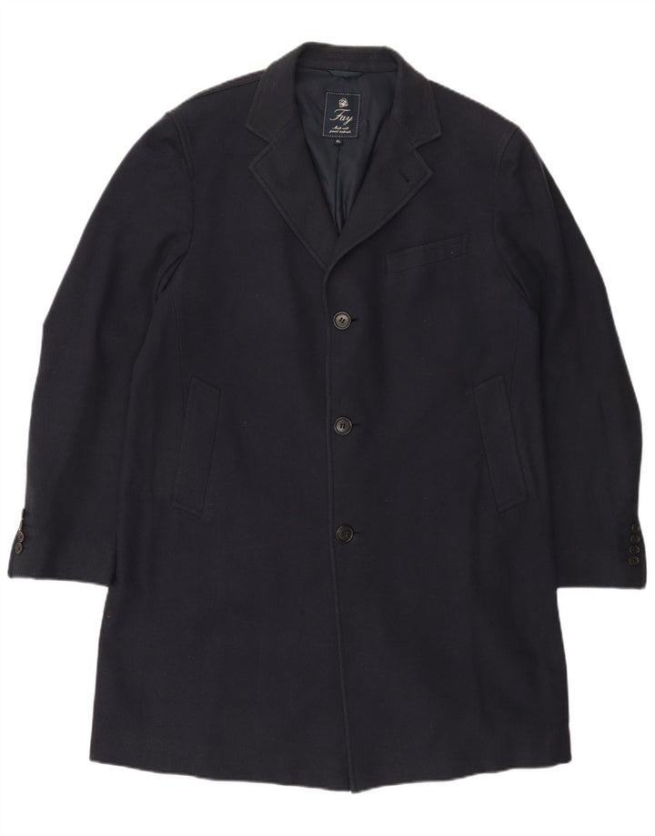 FAY Womens Overcoat UK 18 XL Navy Blue Herringbone Cotton