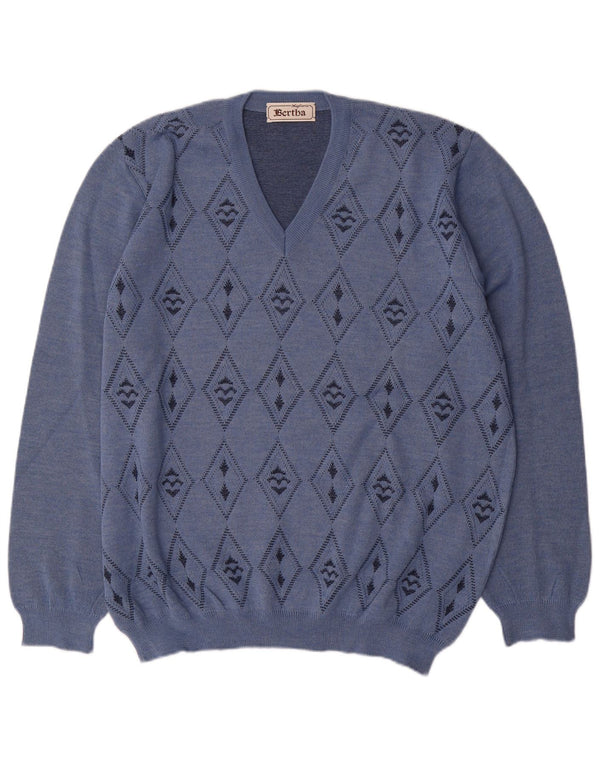Maglieria Mens V-Neck Jumper Sweater IT 54 XL Blue Argyle/Diamond Wool