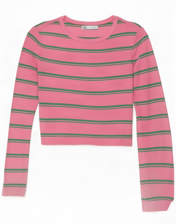 Zara Womens Crop Top Long Sleeve UK 14 Large Pink Striped Polyamide