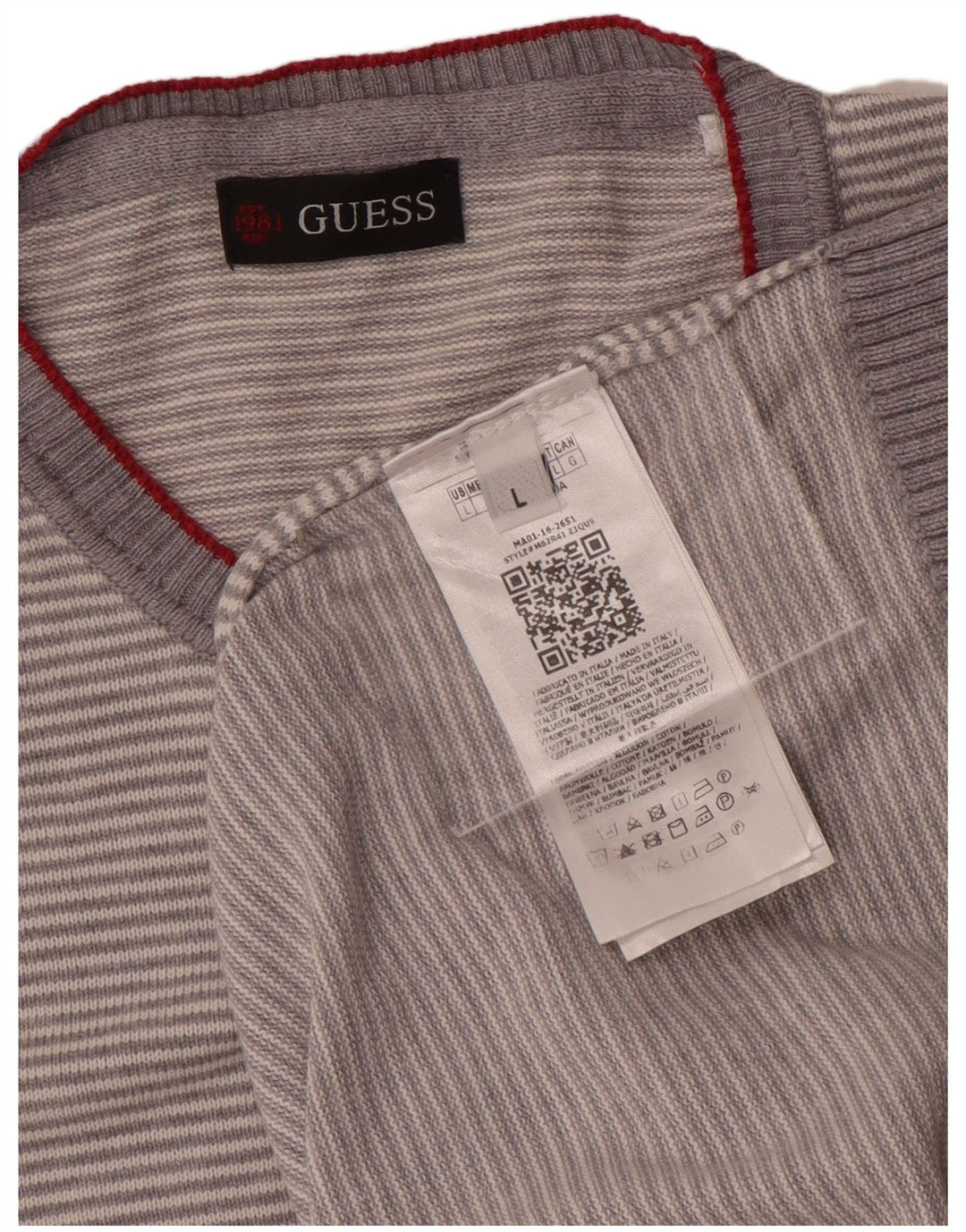 Guess Mens Crew Neck Jumper Sweater Large Grey Striped Cotton