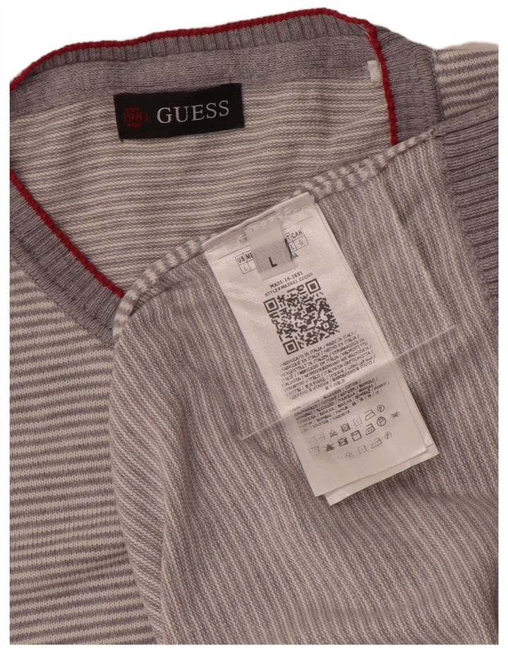 Guess Mens Crew Neck Jumper Sweater Large Grey Striped Cotton