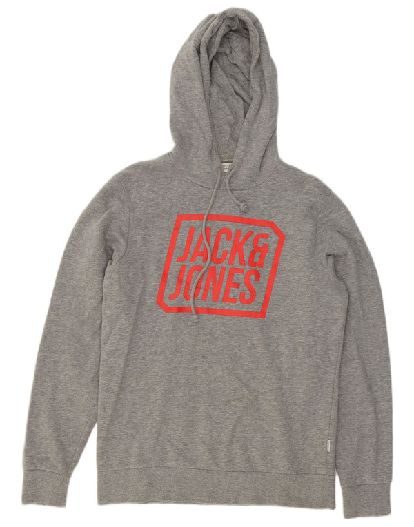 Jack & Jones Mens Graphic Hoodie Jumper Medium Grey Flecked Cotton