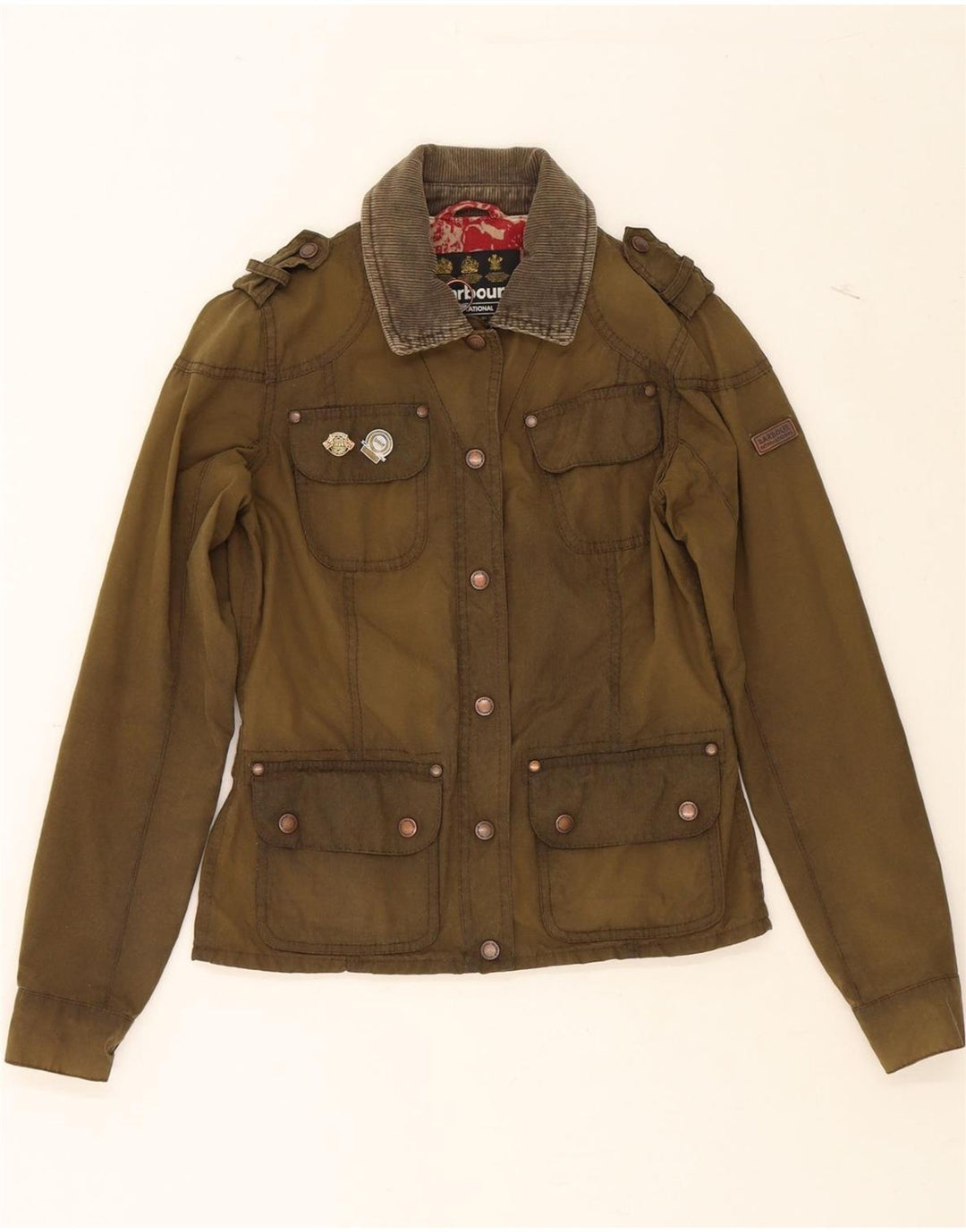 BARBOUR Womens Military Waxed Cotton Jacket UK 8 Small Khaki Cotton Vintage Barbour and Second-Hand Barbour from Messina Hembry 