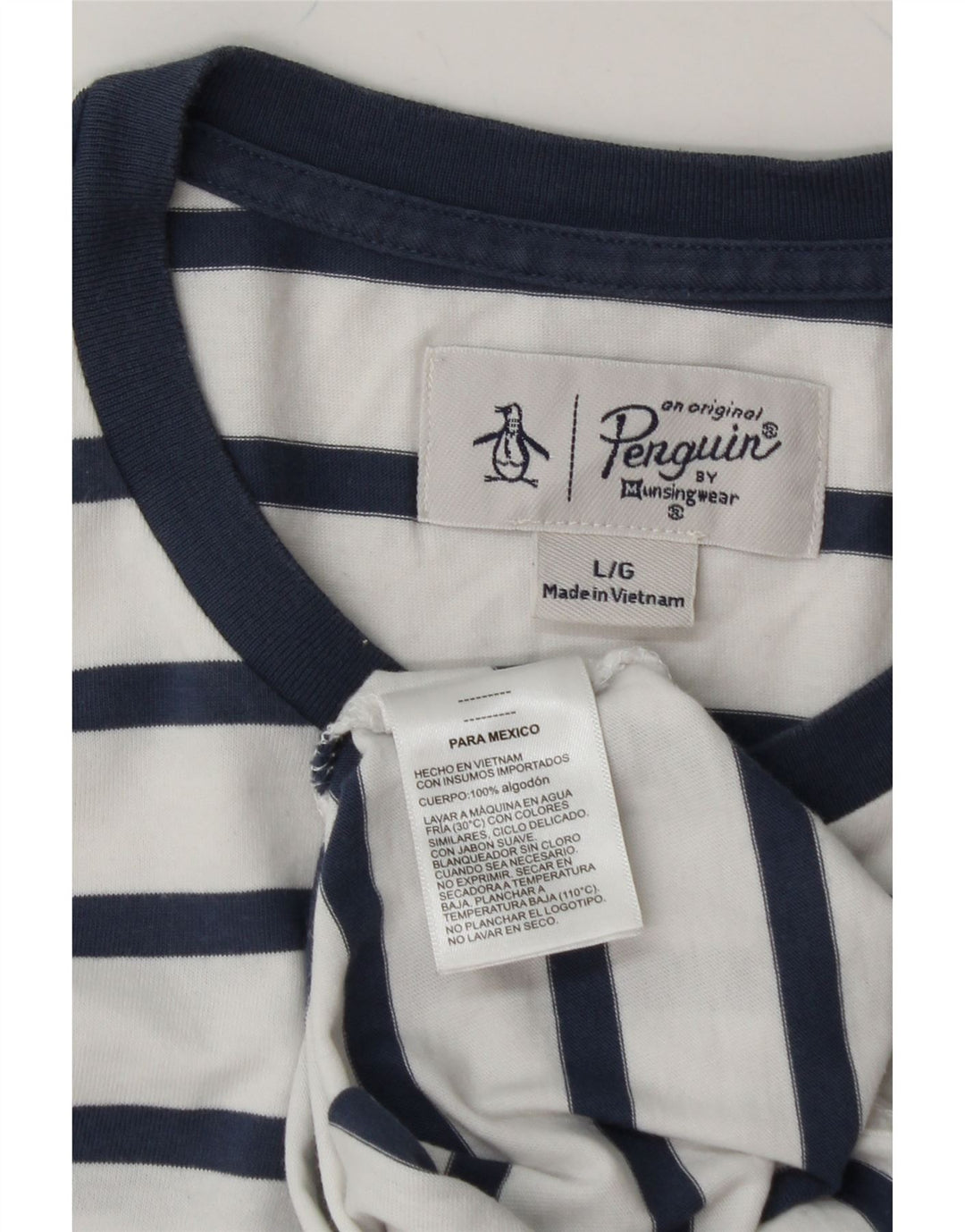 PENGUIN Mens T-Shirt Top Large White Striped Cotton Vintage Penguin and Second-Hand Penguin from Messina Hembry 