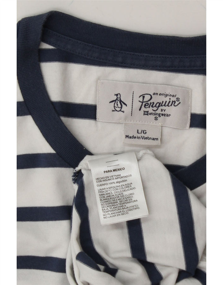 PENGUIN Mens T-Shirt Top Large White Striped Cotton Vintage Penguin and Second-Hand Penguin from Messina Hembry 