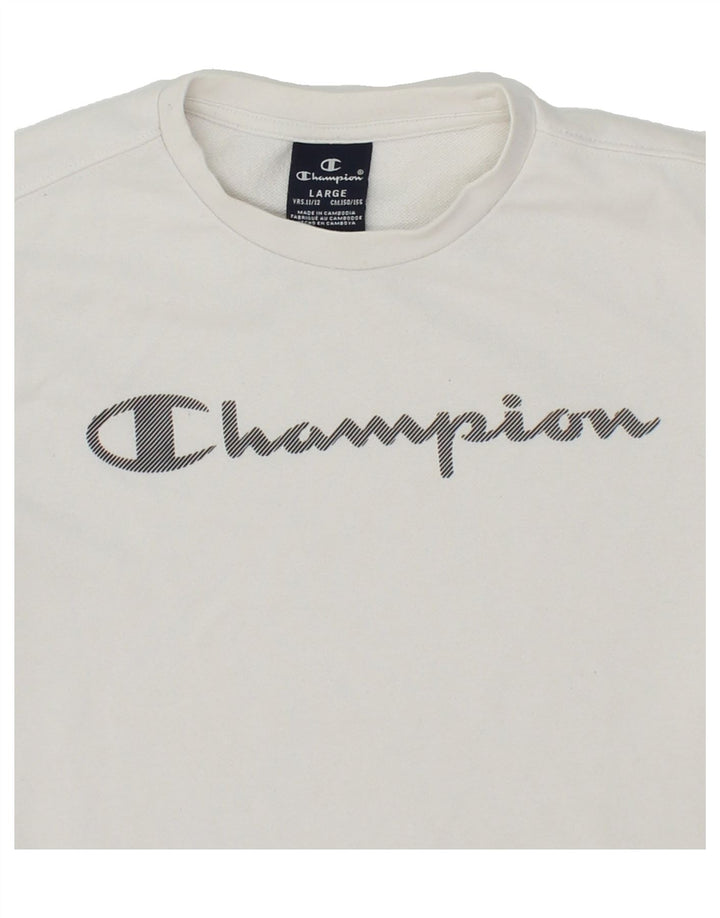 CHAMPION Boys Graphic Sweatshirt Jumper 11-12 Years Large  White Vintage Champion and Second-Hand Champion from Messina Hembry 