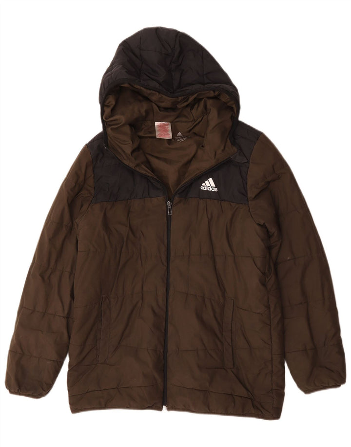 Adidas Boys Hooded Padded Jacket 13-14 Years Khaki Colourblock Polyester