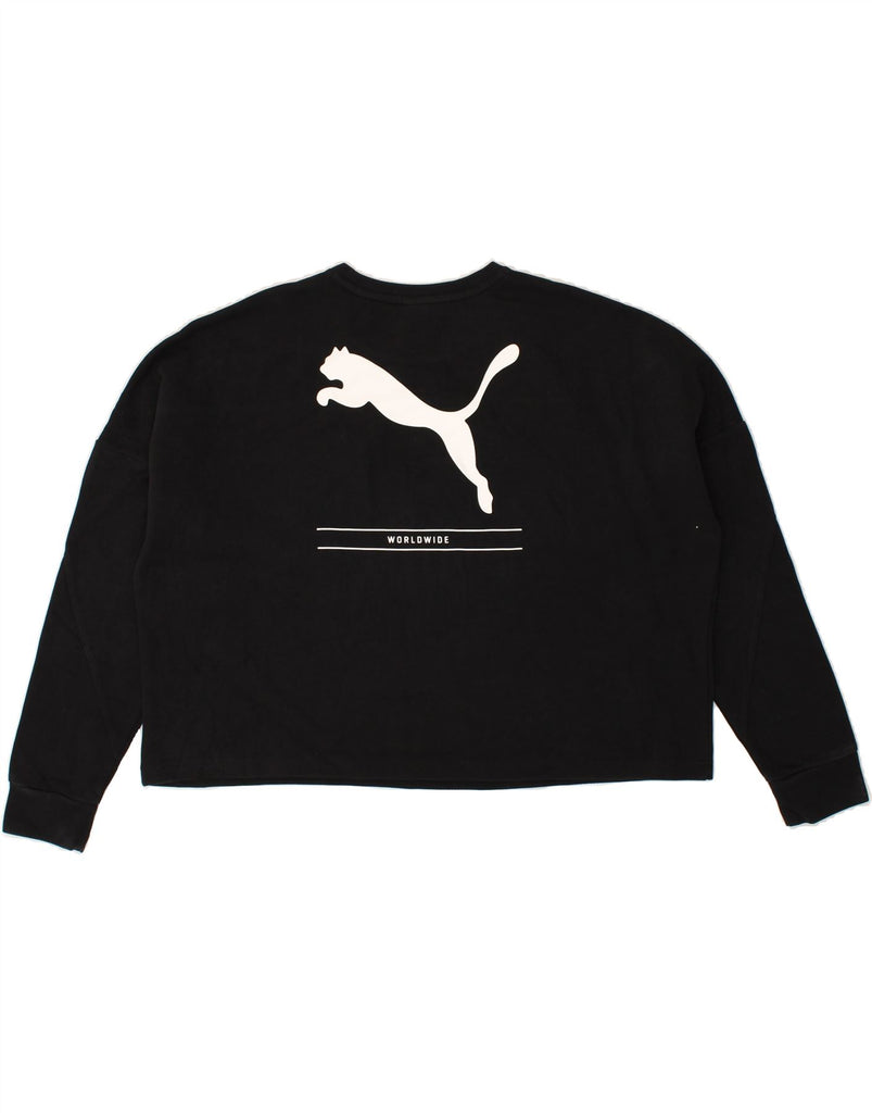 PUMA Womens Crop Graphic Sweatshirt Jumper UK 14 Medium Black | Vintage Puma | Thrift | Second-Hand Puma | Used Clothing | Messina Hembry 