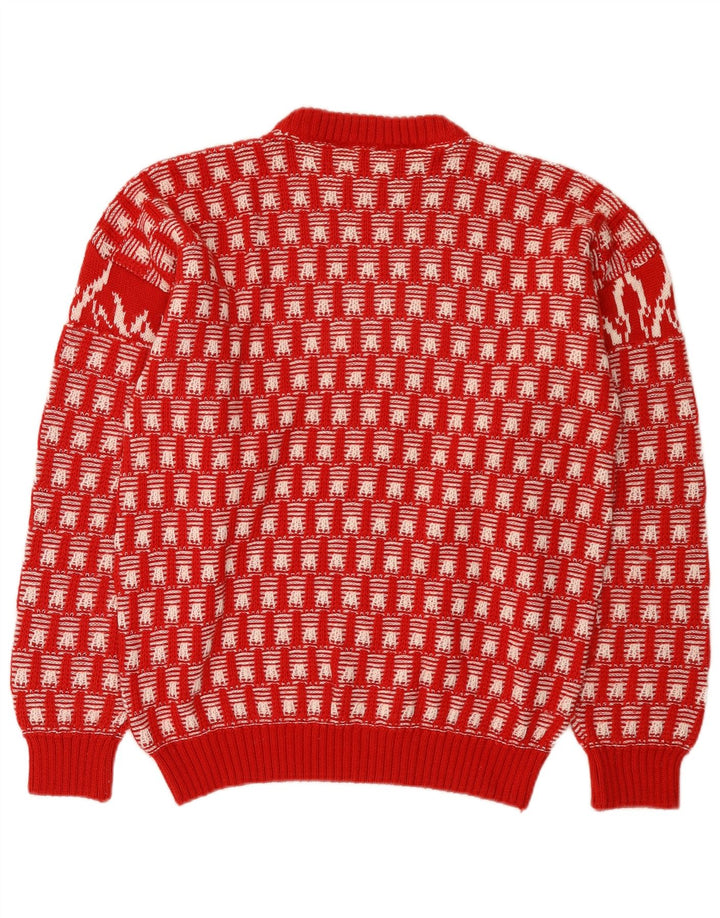 Vintage Mens Crew Neck Jumper Sweater Medium Red Fair Isle Novelty
