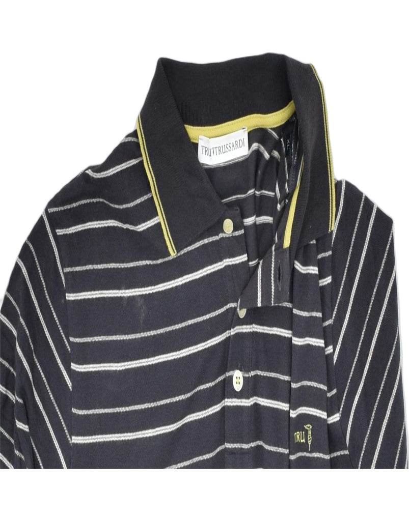 TRUSSARDI Mens Polo Shirt XL Navy Blue Striped Cotton | Vintage | Thrift | Second-Hand | Used Clothing | Messina Hembry 