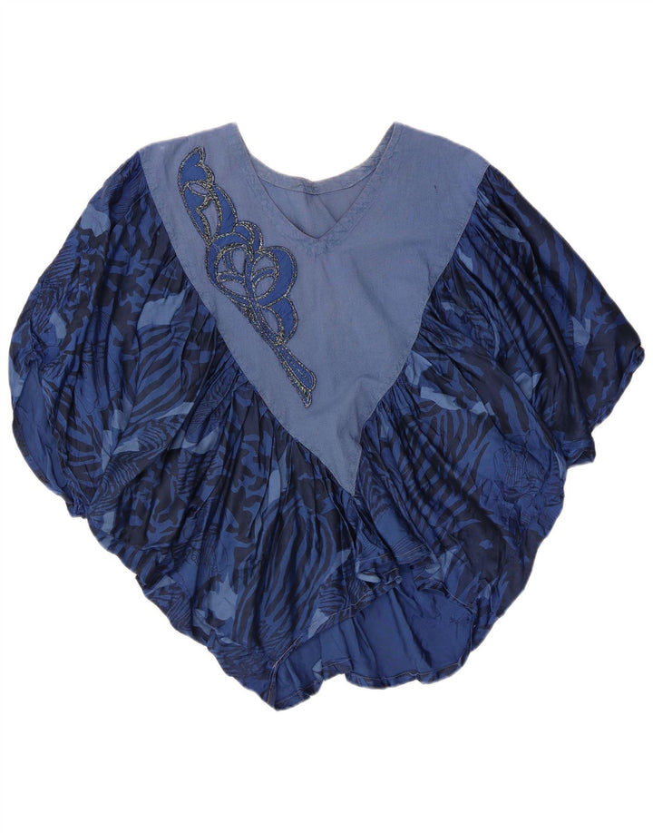 Vintage Womens Batwing Blouse Top UK 14 Medium Blue Animal Print
