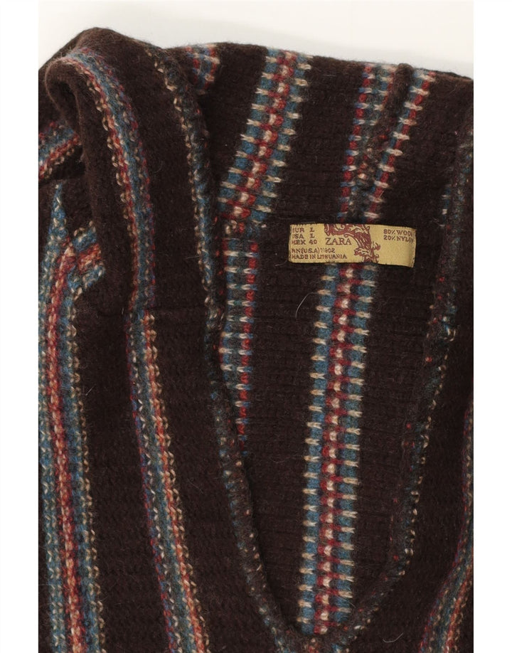 Zara Mens Hooded Jumper Sweater Large Brown Striped Wool