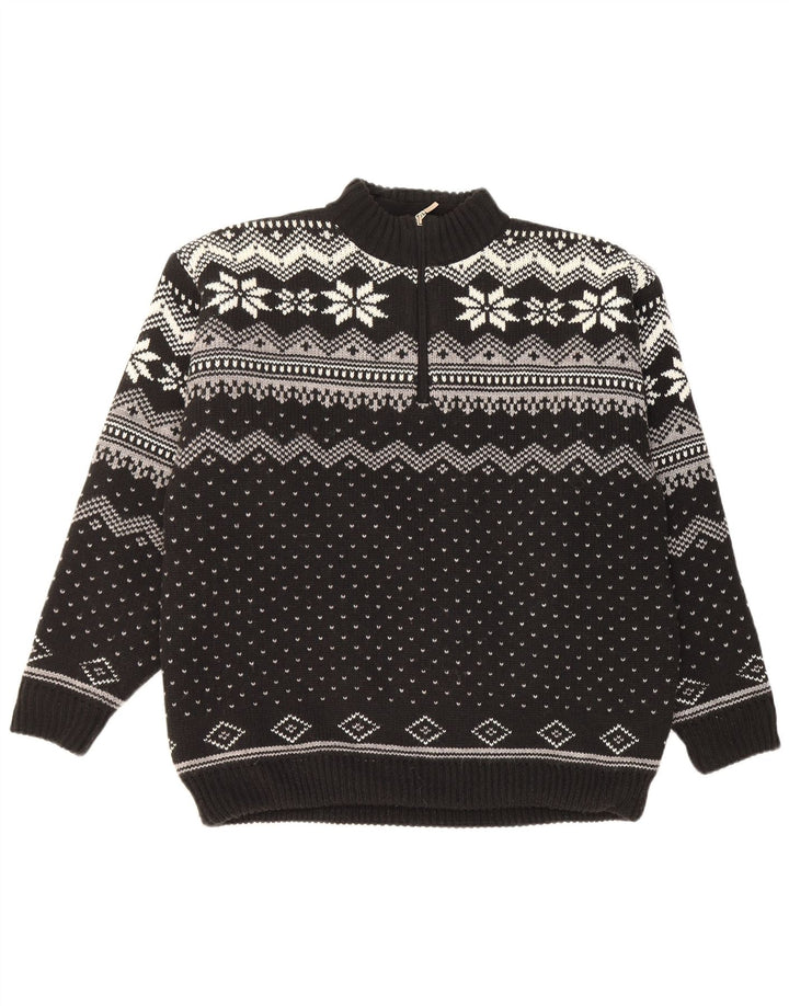 Werther Mens Zip Neck Jumper Sweater Large Black Fair Isle Polyacrylic