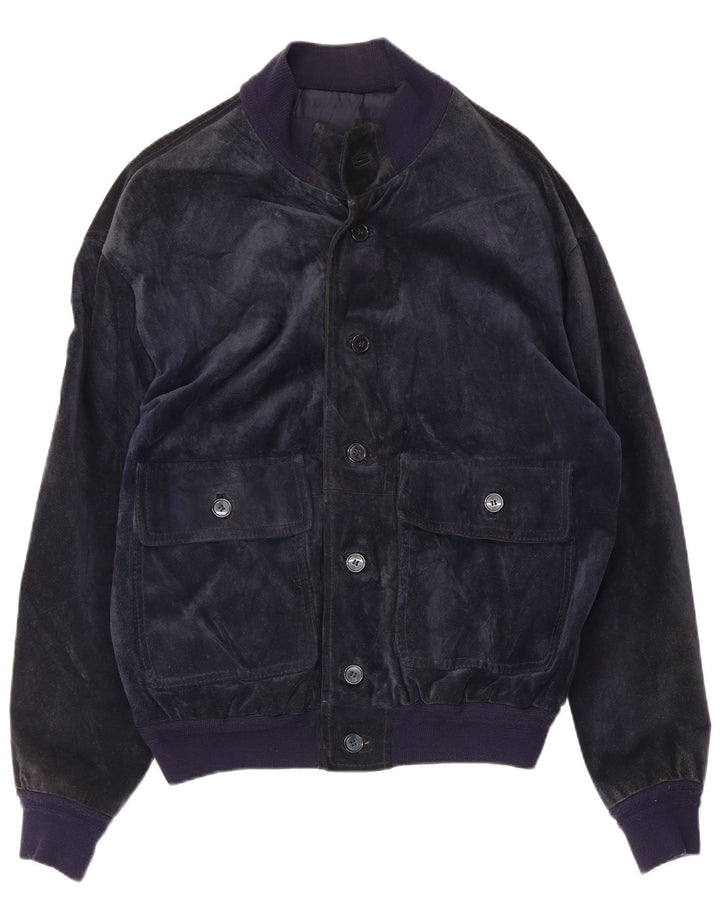 Bayside Mens Suede Bomber Jacket UK 40 Large Navy Blue Leather
